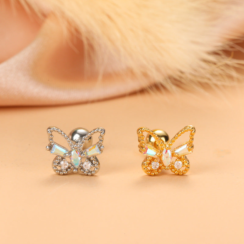 Simple Style Feather Butterfly Stainless Steel Copper Plating Inlay Zircon Ear Studs 1 Piece