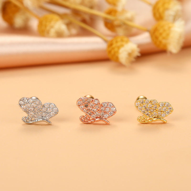 Fashion Flower Airplane Stainless Steel Copper Plating Inlay Zircon Ear Studs 1 Piece