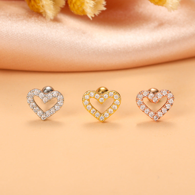 Fashion Star Heart Shape Stainless Steel Plating Zircon Ear Studs 1 Pair