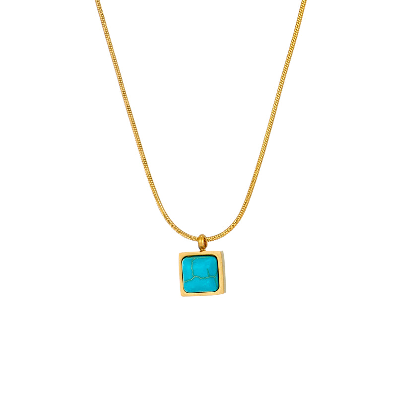 Retro Square Titanium Steel Inlay Turquoise Pendant Necklace 1 Piece