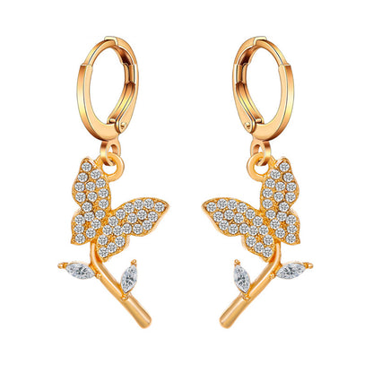 Fashion Heart Shape Butterfly Copper Inlay Zircon Earrings 1 Pair