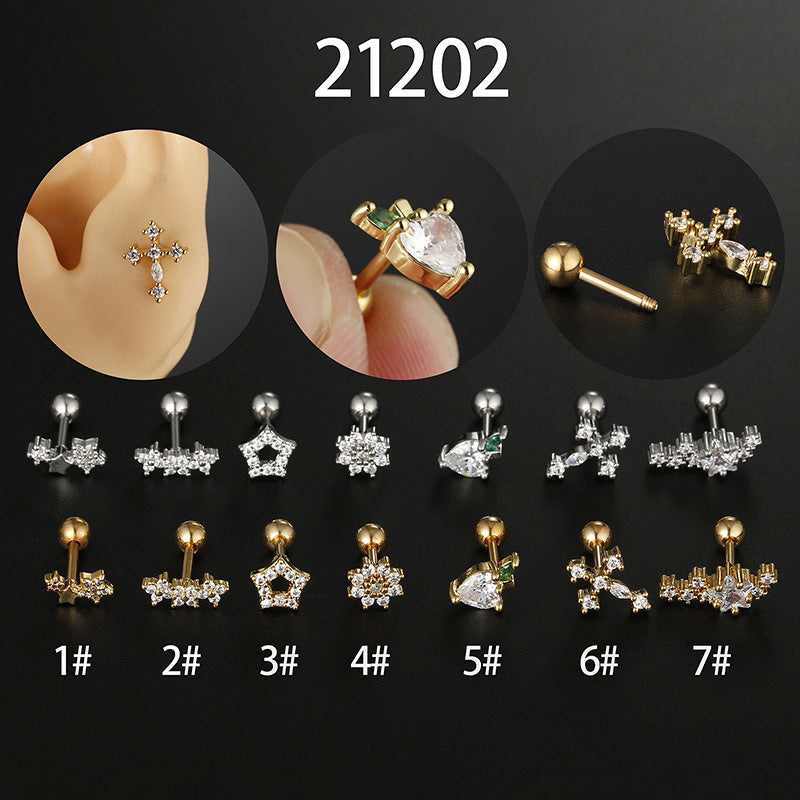 Fashion Heart Shape Flower Stainless Steel Plating Inlay Zircon Ear Studs 1 Piece