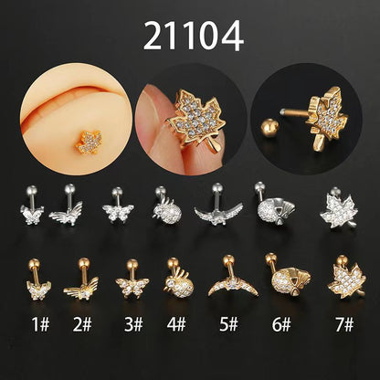 Fashion Leaf Butterfly Titanium Steel Plating Inlay Zircon Ear Studs 1 Piece