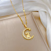 Sweet Rabbit Moon Stainless Steel Copper Inlay Rhinestones Pendant Necklace