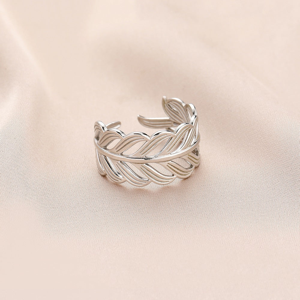 Simple Style Leaf Heart Shape Feather Stainless Steel Hollow Out Rings 1 Piece