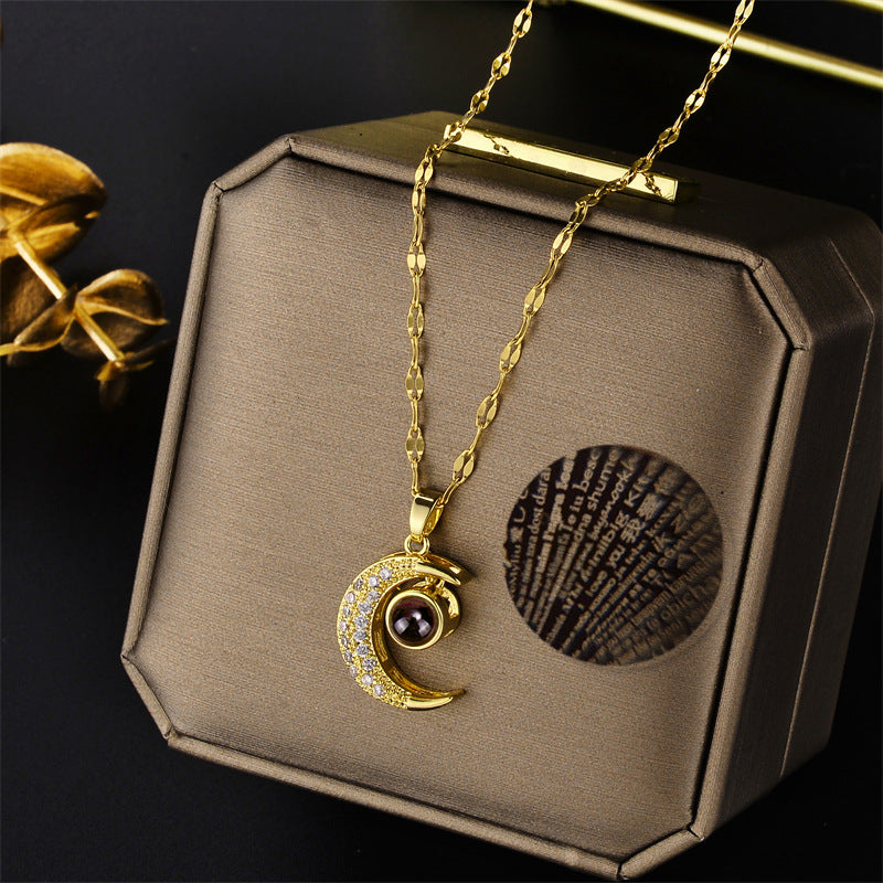 Retro Moon Titanium Steel Inlay Zircon Pendant Necklace