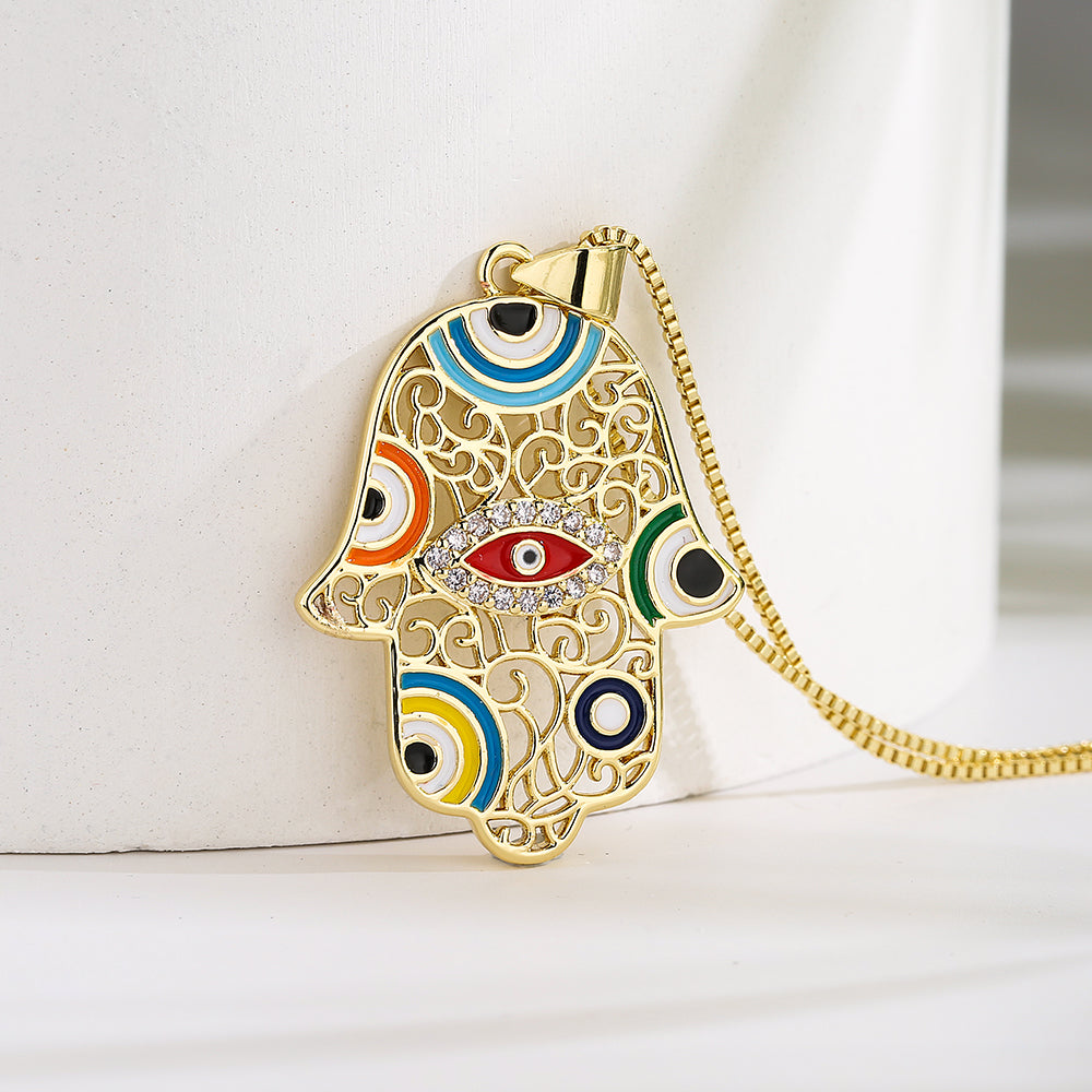 1 Piece Fashion Devil's Eye Palm Copper Enamel Inlay Zircon Pendant Necklace