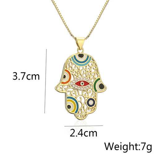 1 Piece Fashion Devil's Eye Palm Copper Enamel Inlay Zircon Pendant Necklace