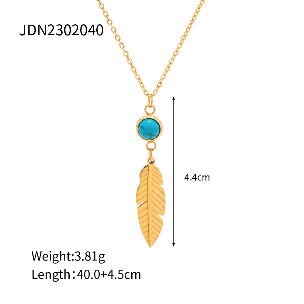 Retro Feather Stainless Steel Inlay Turquoise Necklace 1 Piece