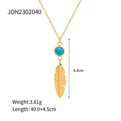 Retro Feather Stainless Steel Inlay Turquoise Necklace 1 Piece