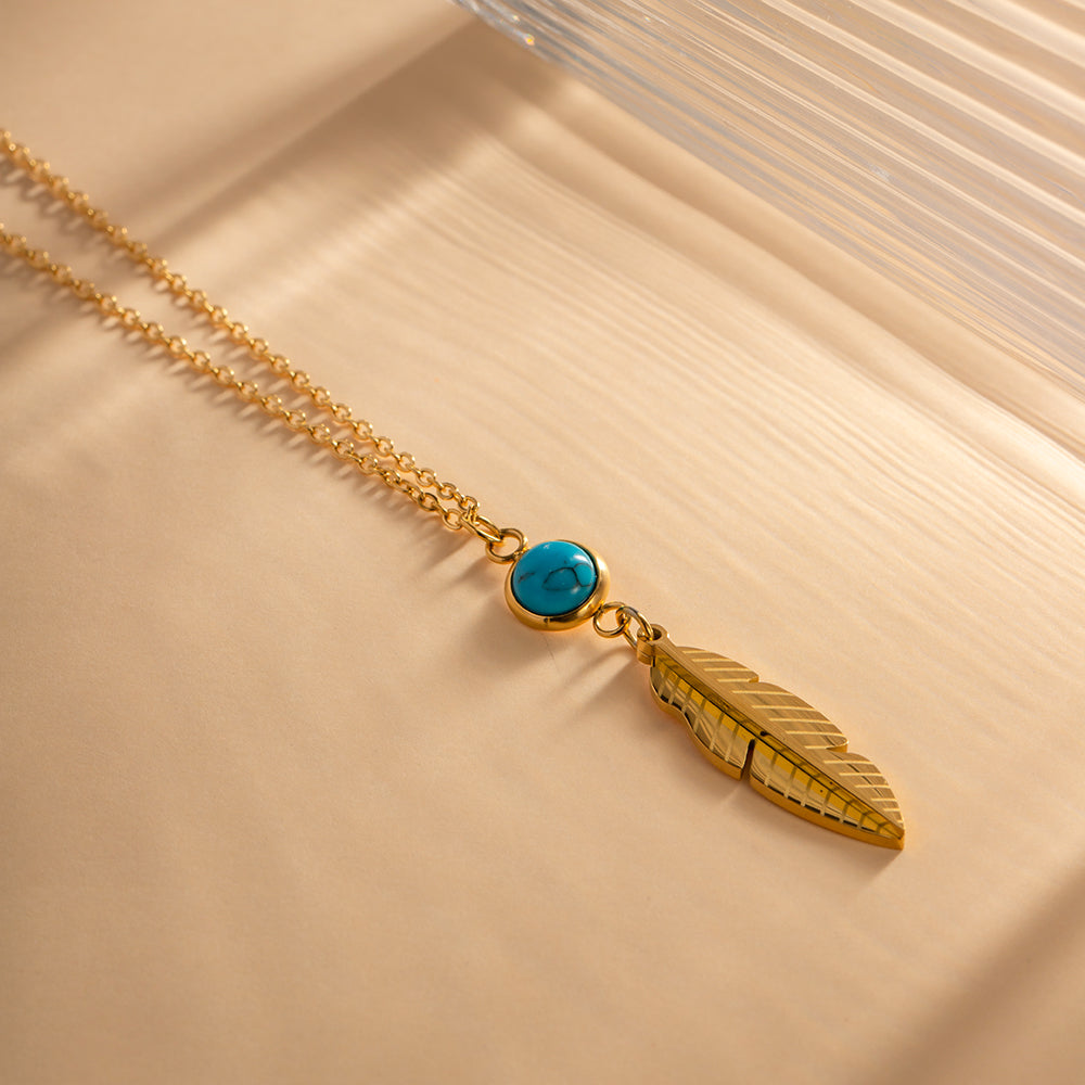 Retro Feather Stainless Steel Inlay Turquoise Necklace 1 Piece