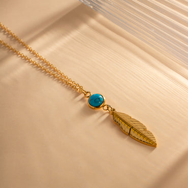 Retro Feather Stainless Steel Inlay Turquoise Necklace 1 Piece