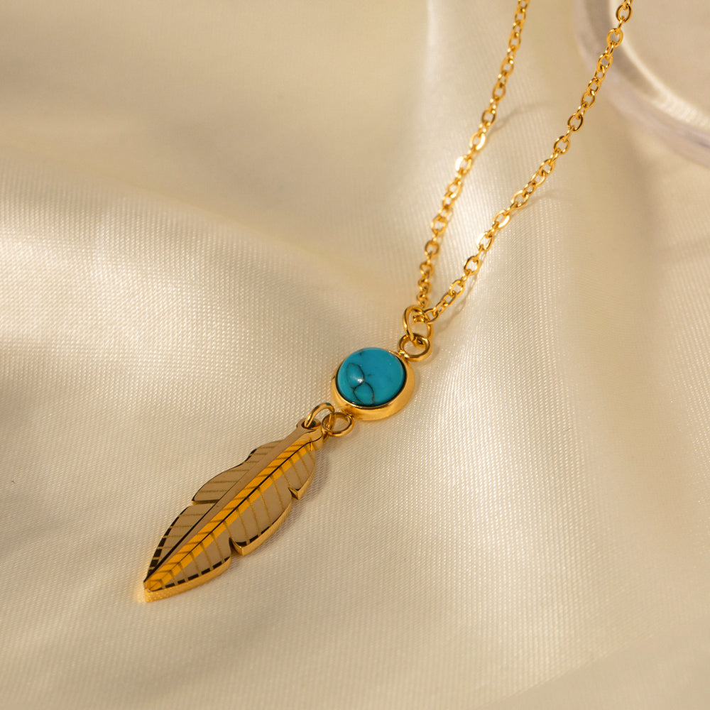 Retro Feather Stainless Steel Inlay Turquoise Necklace 1 Piece