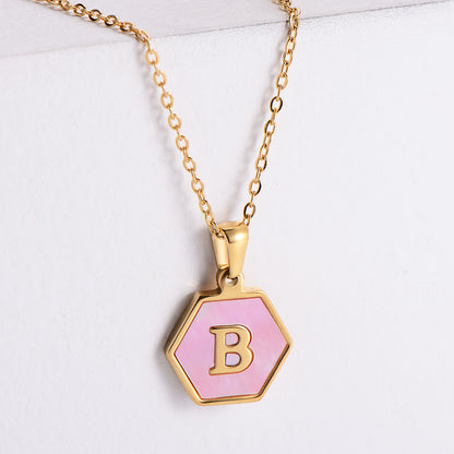 18k Gold Stainless Steel Pendant Inlaid Pink Shell Letter Necklace