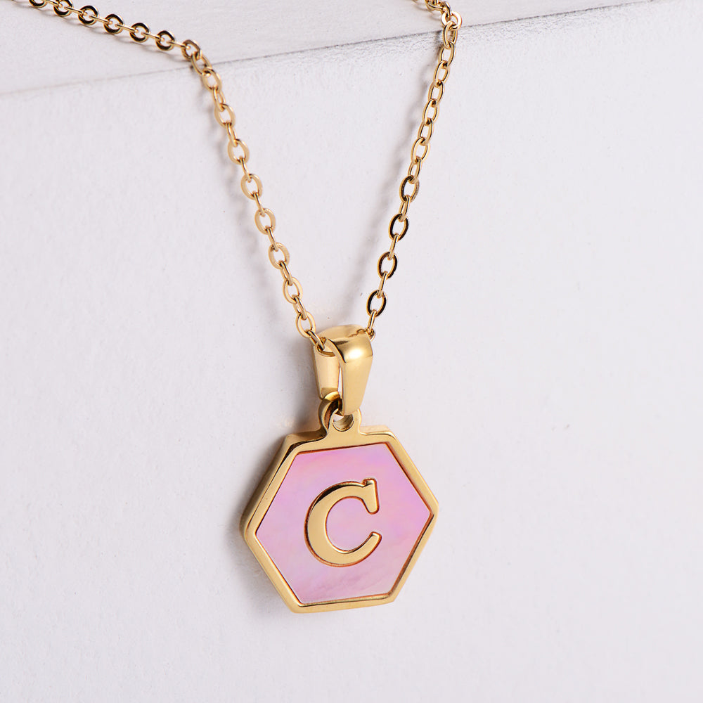 18k Gold Stainless Steel Pendant Inlaid Pink Shell Letter Necklace