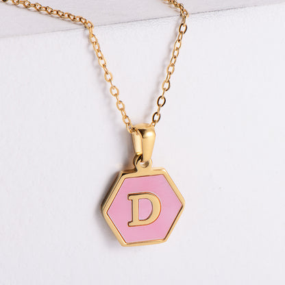 18k Gold Stainless Steel Pendant Inlaid Pink Shell Letter Necklace