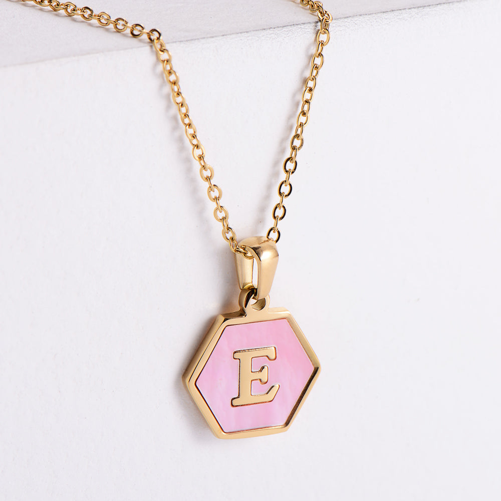 18k Gold Stainless Steel Pendant Inlaid Pink Shell Letter Necklace