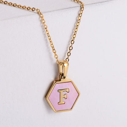 18k Gold Stainless Steel Pendant Inlaid Pink Shell Letter Necklace