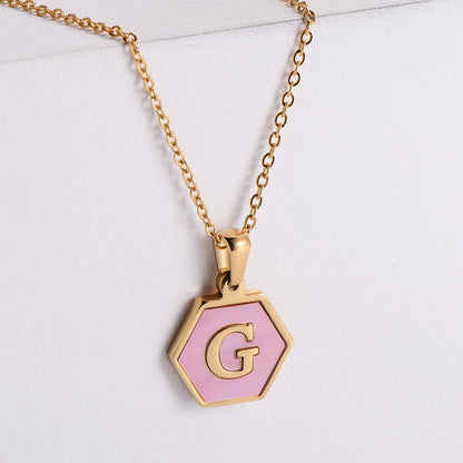 18k Gold Stainless Steel Pendant Inlaid Pink Shell Letter Necklace