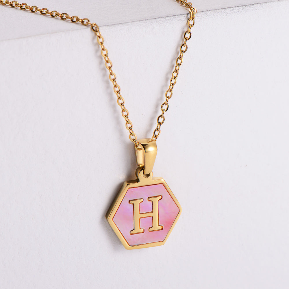 18k Gold Stainless Steel Pendant Inlaid Pink Shell Letter Necklace