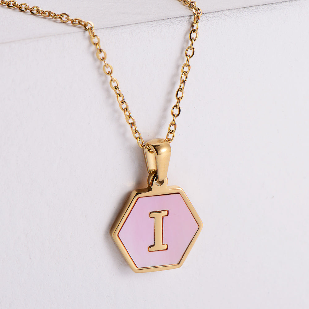 18k Gold Stainless Steel Pendant Inlaid Pink Shell Letter Necklace