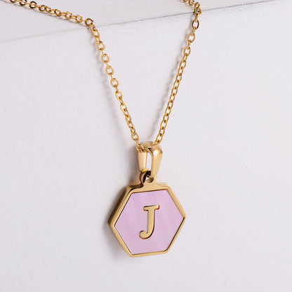 18k Gold Stainless Steel Pendant Inlaid Pink Shell Letter Necklace