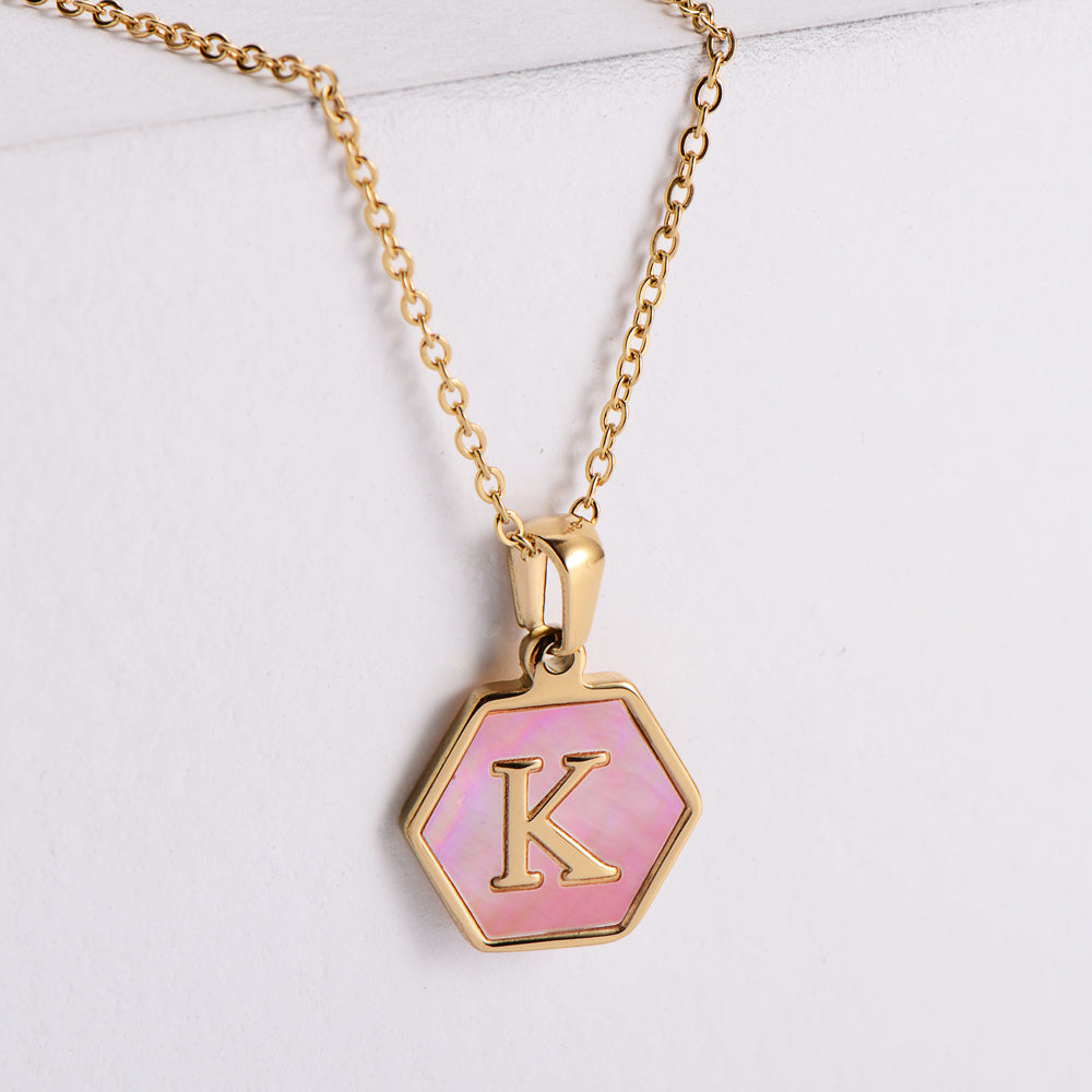 18k Gold Stainless Steel Pendant Inlaid Pink Shell Letter Necklace