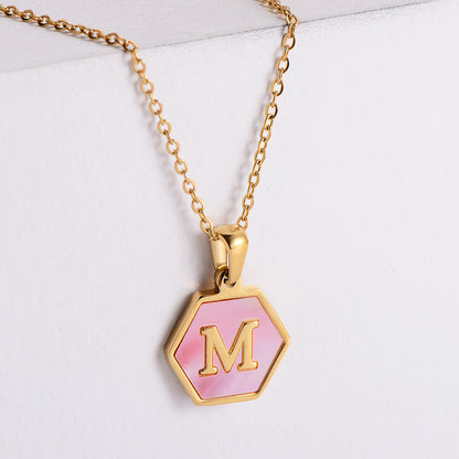 18k Gold Stainless Steel Pendant Inlaid Pink Shell Letter Necklace