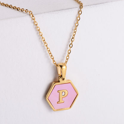 18k Gold Stainless Steel Pendant Inlaid Pink Shell Letter Necklace