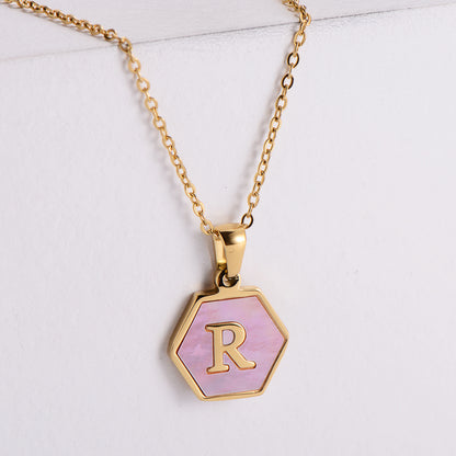 18k Gold Stainless Steel Pendant Inlaid Pink Shell Letter Necklace