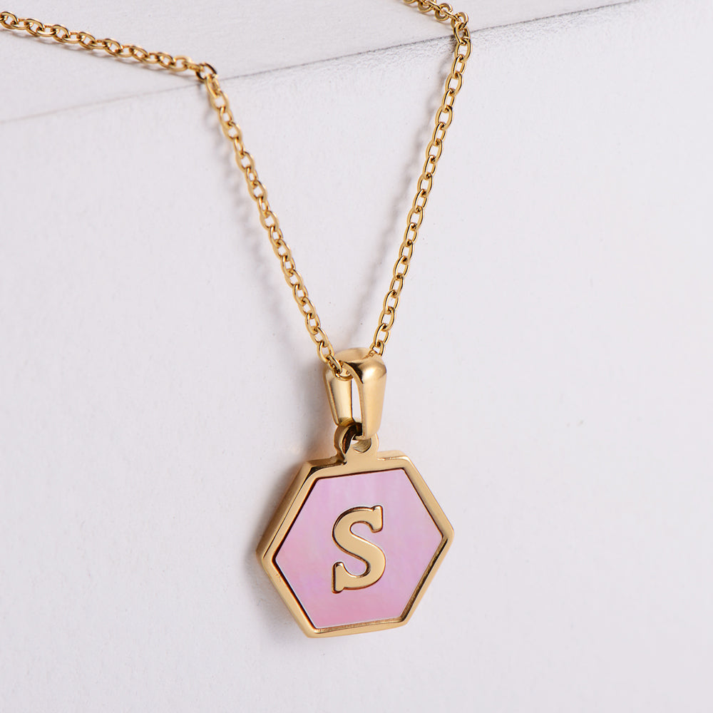 18k Gold Stainless Steel Pendant Inlaid Pink Shell Letter Necklace