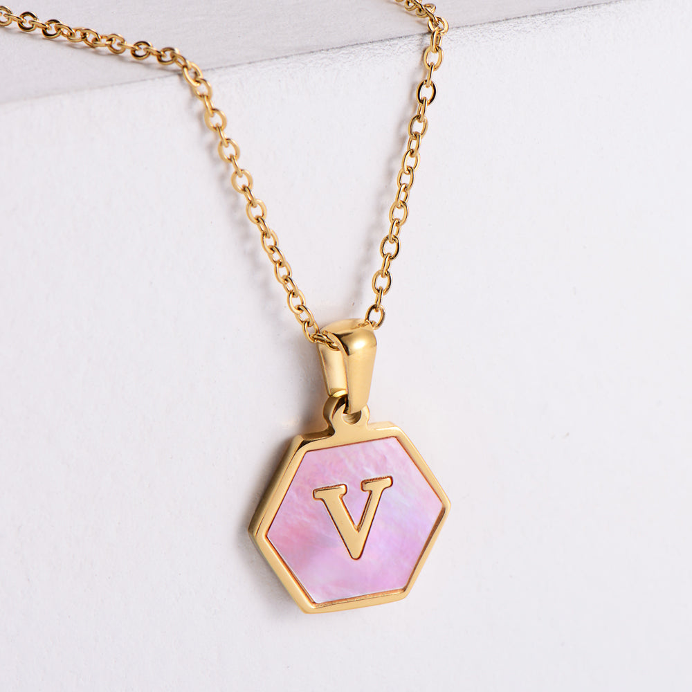 18k Gold Stainless Steel Pendant Inlaid Pink Shell Letter Necklace