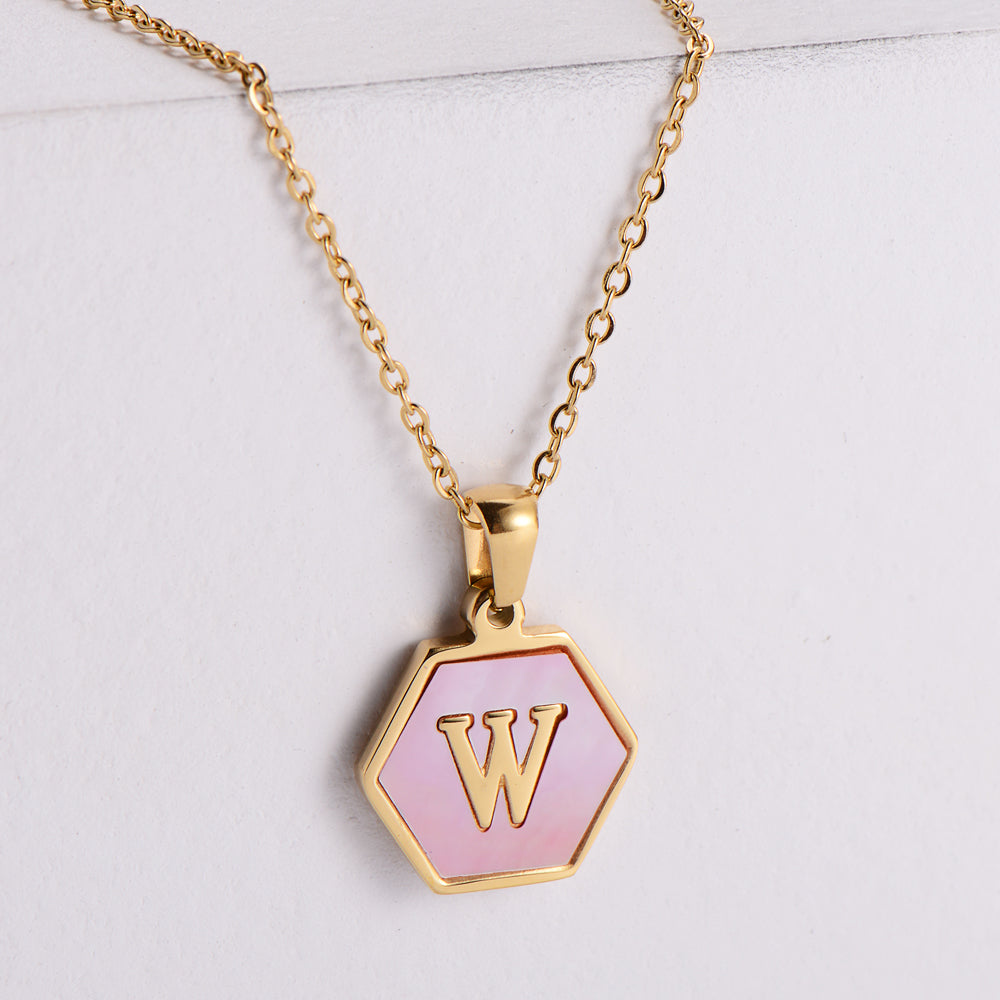 18k Gold Stainless Steel Pendant Inlaid Pink Shell Letter Necklace