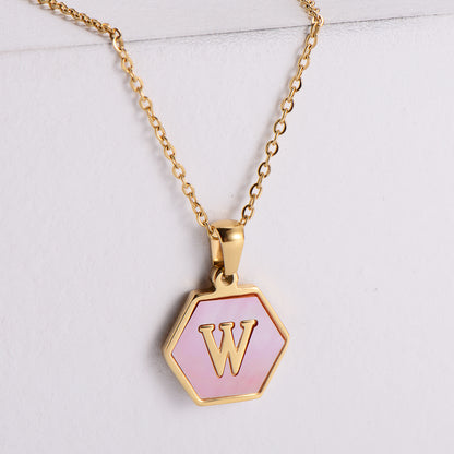 18k Gold Stainless Steel Pendant Inlaid Pink Shell Letter Necklace