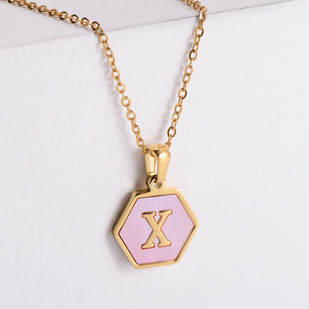 18k Gold Stainless Steel Pendant Inlaid Pink Shell Letter Necklace