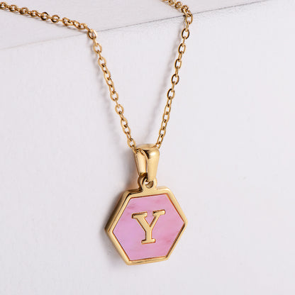 18k Gold Stainless Steel Pendant Inlaid Pink Shell Letter Necklace