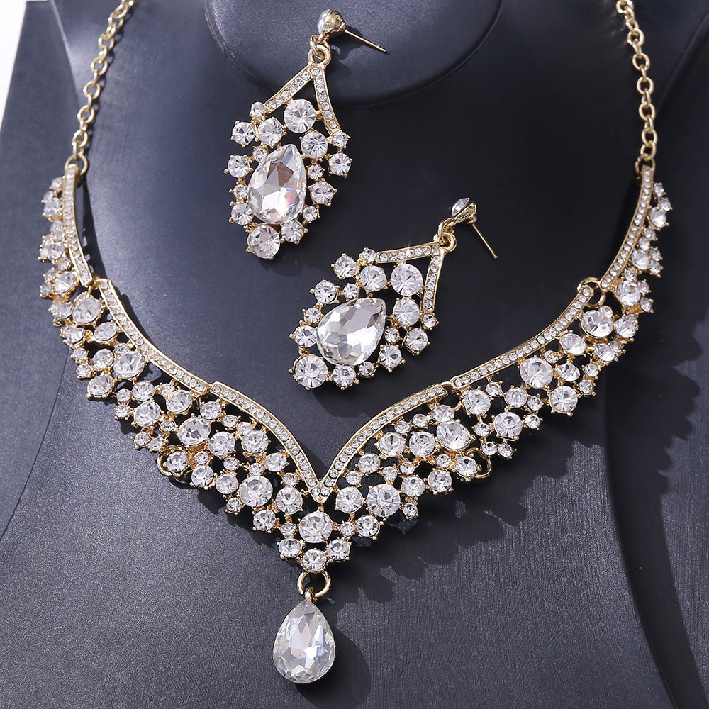 1 Set Elegant Water Droplets Alloy Rhinestone Women's Earrings Necklace