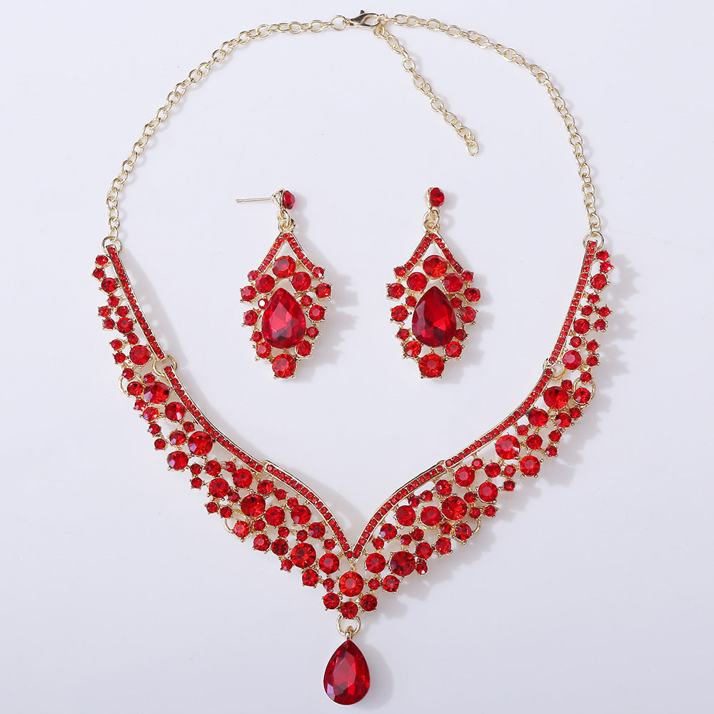 1 Set Elegant Water Droplets Alloy Rhinestone Women's Earrings Necklace