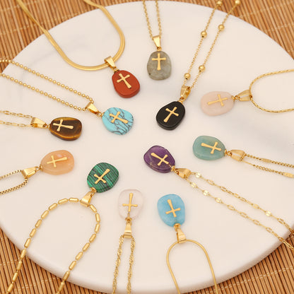 1 Piece Fashion Cross Stainless Steel Natural Stone Pendant Necklace