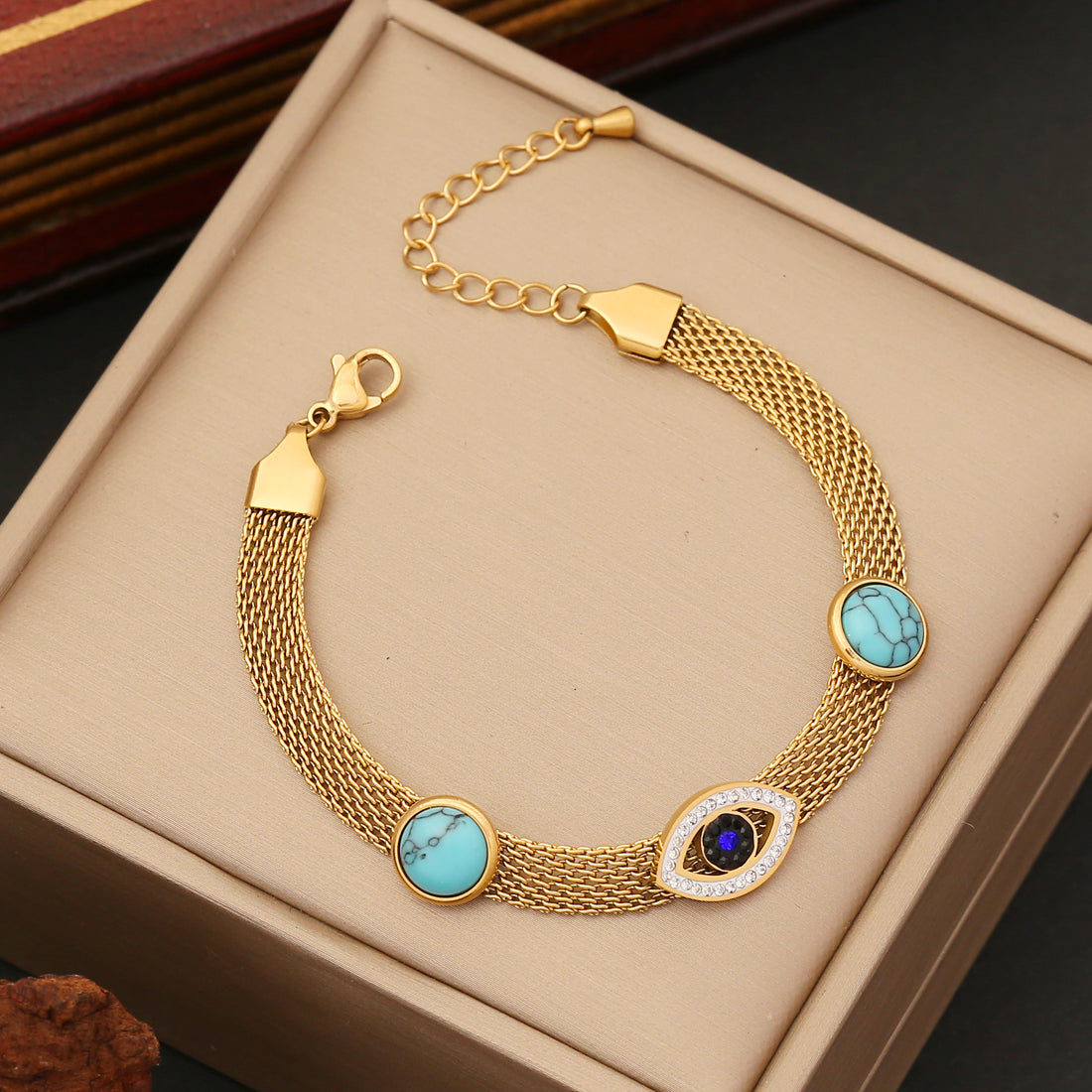 Wholesale Fashion Eye Stainless Steel Inlay 14k Gold Plated Zircon Bracelets Earrings Necklace