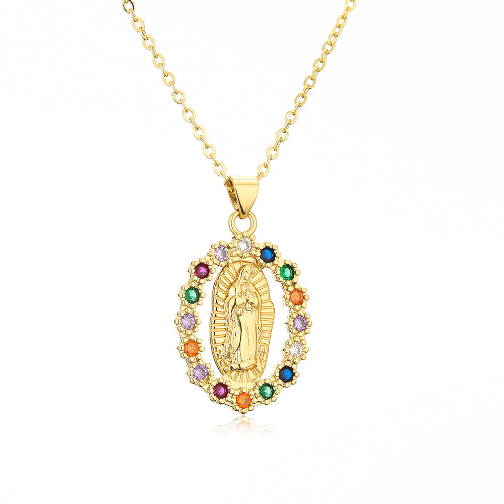 Fashion Virgin Mary Copper 18k Gold Plated Zircon Pendant Necklace In Bulk