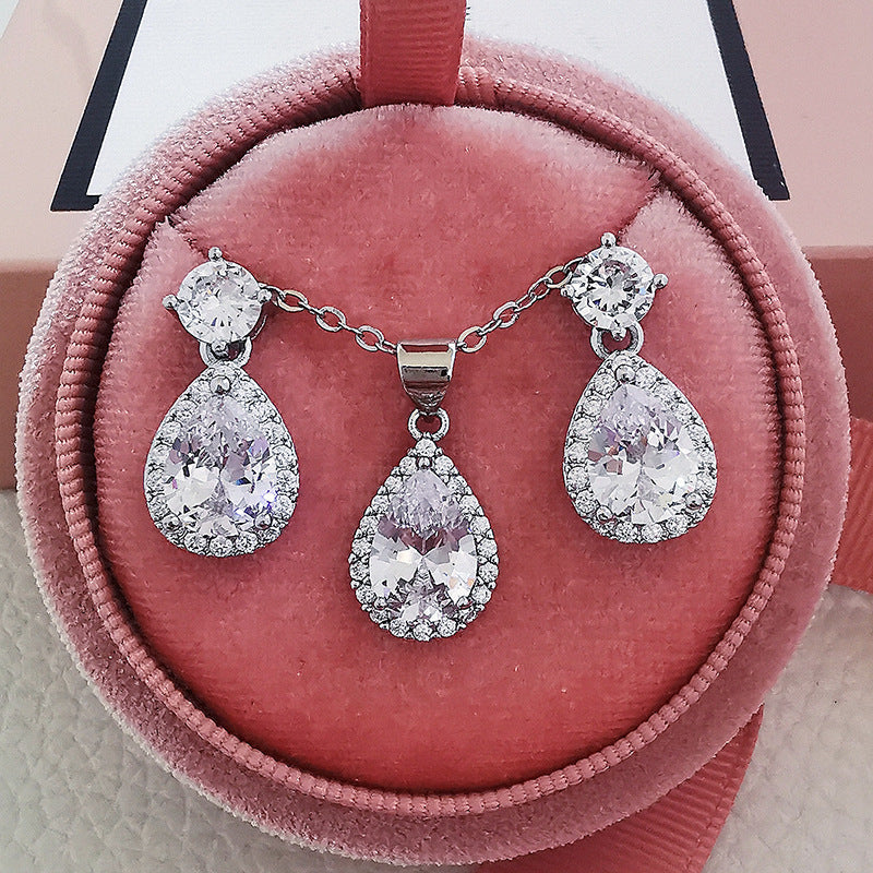 1 Set Fashion Water Droplets Copper Inlaid Zircon Earrings Necklace