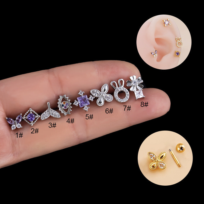 1 Piece Fashion Flower Butterfly Fish Tail Stainless Steel Copper Inlaid Zircon Ear Studs