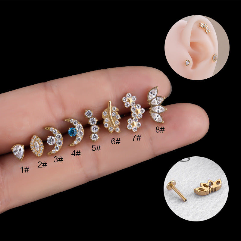 1 Piece Fashion Leaf Moon Flower Titanium Inlaid Zircon Ear Studs