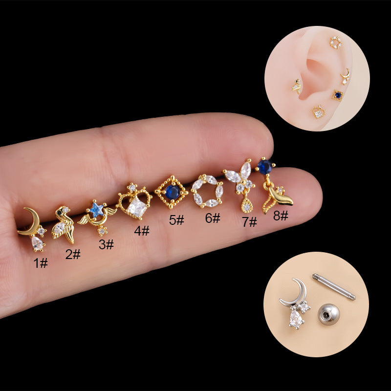 1 Piece Retro Moon Water Droplets Heart Shape Stainless Steel Copper Inlaid Zircon Ear Studs