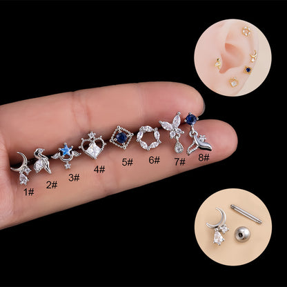 1 Piece Retro Moon Water Droplets Heart Shape Stainless Steel Copper Inlaid Zircon Ear Studs