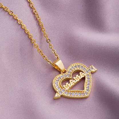 Fashion Mama Letter Heart Shape Stainless Steel Rhinestone Plating Inlay Zircon 18k Gold Plated Pendant Necklace