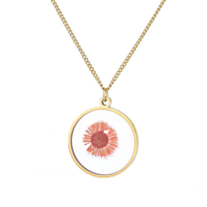 1 Piece Retro Round Flower Stainless Steel Inlaid Resin Pendant Necklace