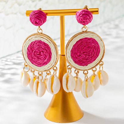 1 Pair Vacation Round Butterfly Alloy Raffia Shell Women's Drop Earrings