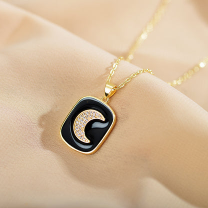 Fashion Square Moon Copper Enamel Zircon Pendant Necklace